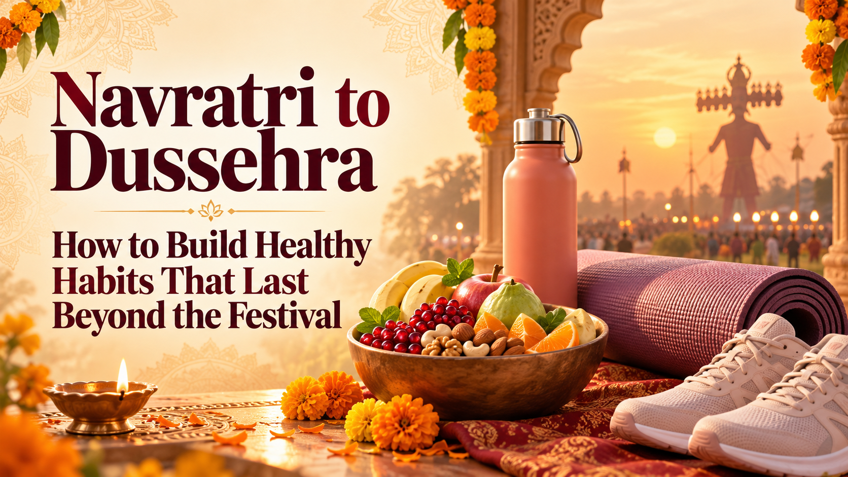 Navratri to Dussehra healthy habits banner with fruit, a water bottle, yoga mat, walking shoes and festive decorations